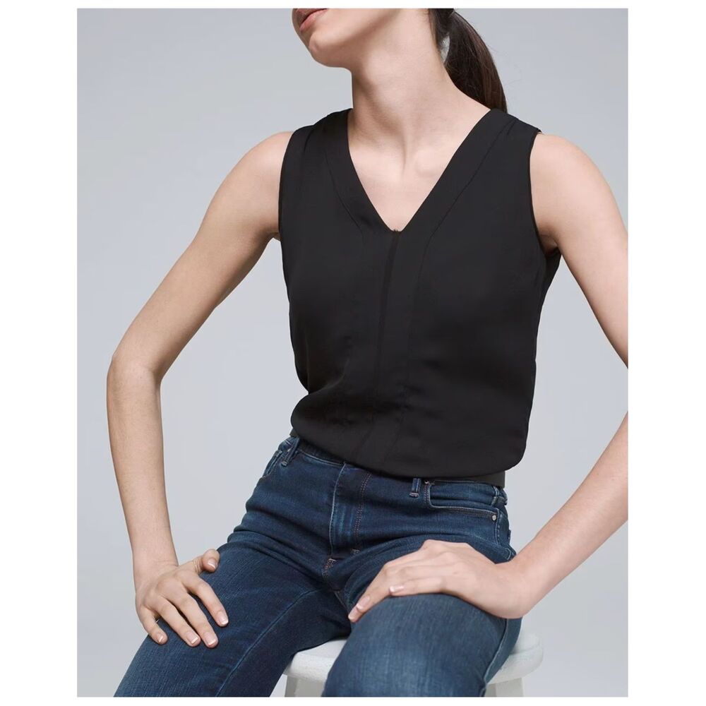 White House Black Market Black Sleeveless Pleat Front V-Neck Top Size 8 Petite